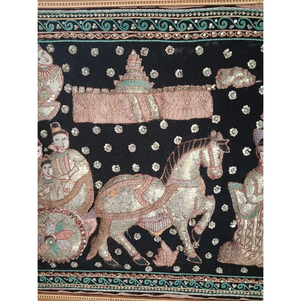 Vintage Thai Burma Myanmar Kalaga Tapestry Ramayana - Koi  Sequins